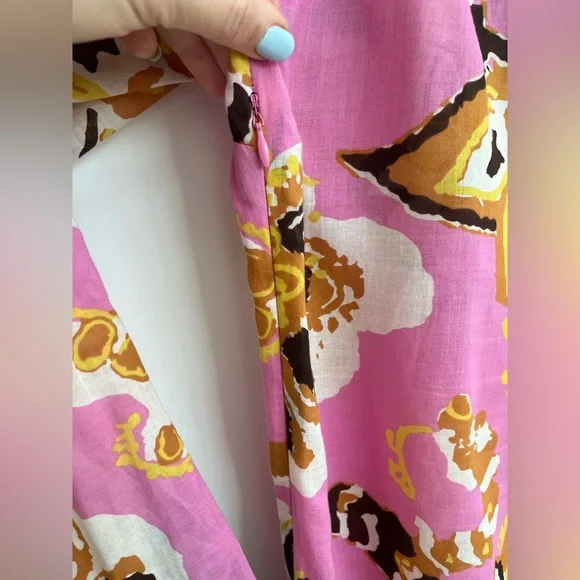 Tory Burch Pink Floral Tunic Top Size 8 Boho Beach Resort 100% Cotton Brown Trim - Picture 5 of 10